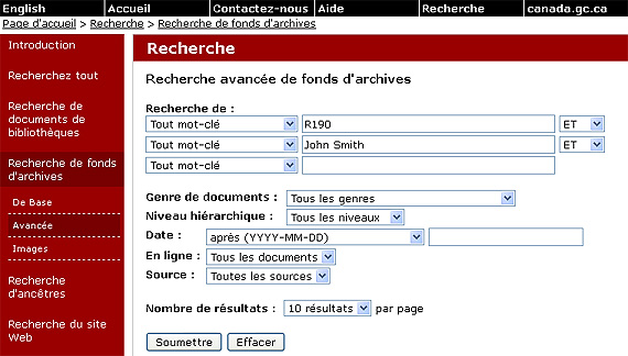 Capture de l'écran Recherche avancée de fonds d'archives montrant les champs de recherche, les options, les zones de texte avec des exemples de mots-clés, « R190 » et « Jean Tremblay » dans ce cas, et des menus déroulants avec des réglages par défaut ou spécifiés.