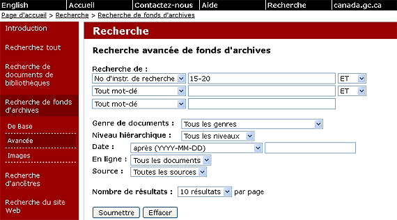 Capture de l'écran Recherche avancée de fonds d'archives montrant les champs de recherche, les options, les zones de texte avec un exemple de numéro d'instrument de recherche, « 15-20 », et des menus déroulants avec des réglages par défaut ou spécifiés