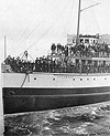 Photograph of the steamship ISLANDER leaving Vancouver, British Columbia, for Skagway Bay, Alaska, 1897