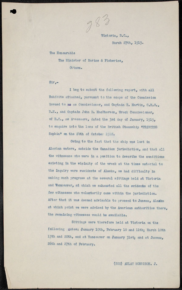 Report of wreck of PRINCESS SOPHIA