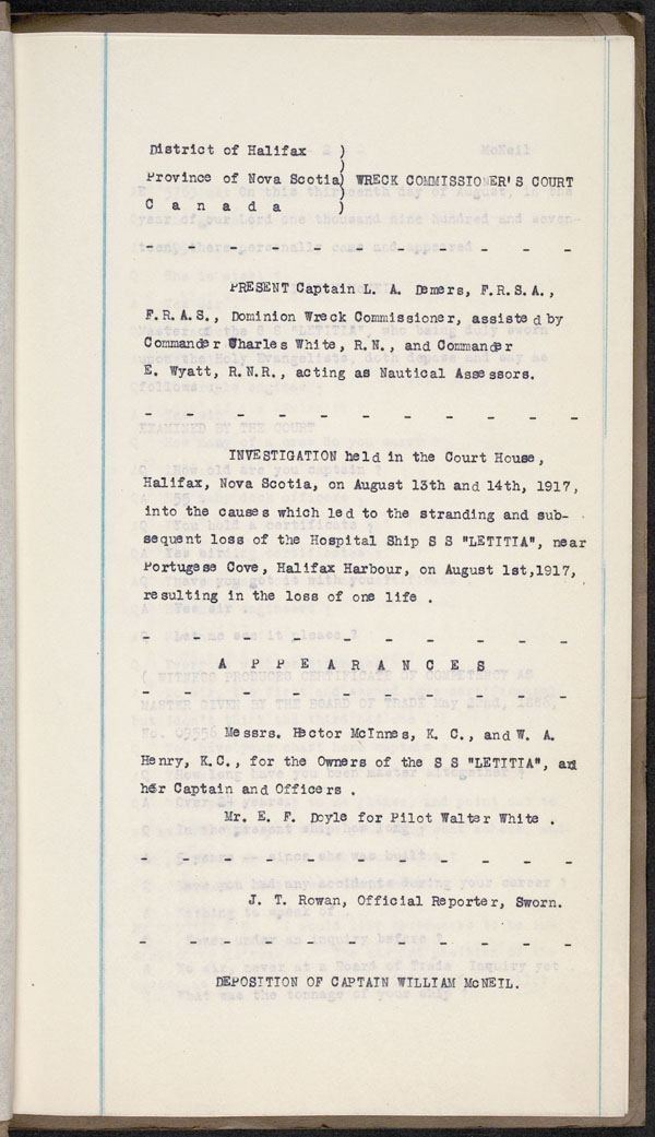 Wrecks, Casualties and Salvage - Formal Investigations - S.S. LETITIA