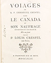 Title page and facing illustration of book, VOIAGES DU R.P. EMMANUEL CRESPEL DANS LE CANADA, ET SON NAUFRAGE EN REVENANT EN FRANCE, 1742 (published in 1884)