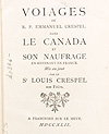 Title page and facing illustration of book, VOIAGES DU R.P. EMMANUEL CRESPEL DANS LE CANADA, ET SON NAUFRAGE EN REVENANT EN FRANCE, 1742 (published in 1884)